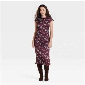 A New Day Floral Ruched Satin Midi Dress Women XXL Burgundy Cap Sleeve Side Slit
